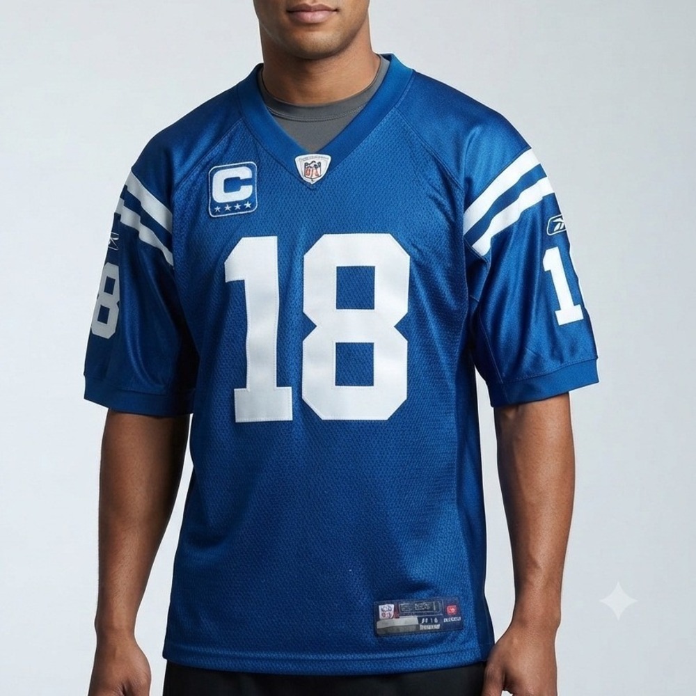 Reebok Peyton Manning Indianapolis Colts NFL Jersey Blue 18 Captain Patch Sz 54 - Picture 1 of 9